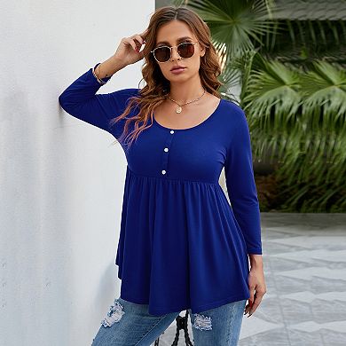 Women Plus Size 3/4 Long Sleeve Tunic Scoop Neck Pleated T-shirts Button Loose Fit Babydoll Shirts