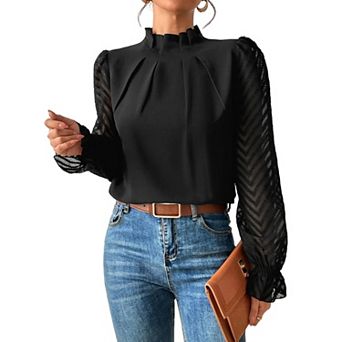 Women's Long Frill Sleeve Stand Collar Shirts Ruffle Solid Color Elegant Office Workwear Blouse