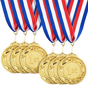 6-Pack Gold Metal 1st Place Medals, Participation Awards with 16" Ribbon, 2.5"