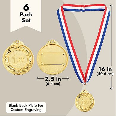 6-Pack Gold Metal 1st Place Medals, Participation Awards with 16" Ribbon, 2.5"