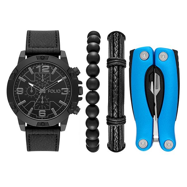 Folio Men's Gunmetal and Black Tone Multi Tool and Accessory Set - Black
