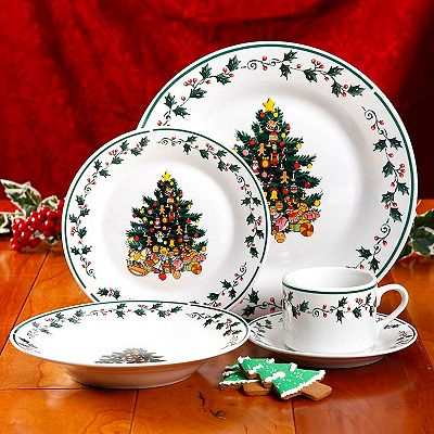 Gibson Home 20 Piece Ceramic Christmas Tree Trimming Dinnerware Set