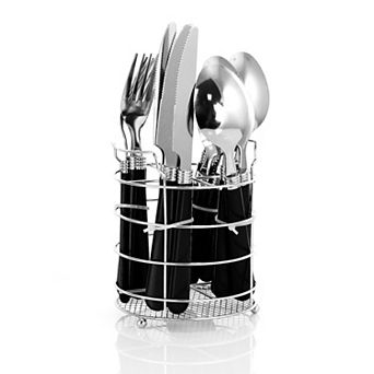 Gibson Sensations II 16 pc Stainless Steel Flatware Set with White Handles and Chrome Caddy