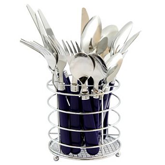 Gibson Sensations II 16 pc Stainless Steel Flatware Set with White Handles and Chrome Caddy
