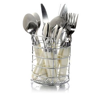 Gibson Sensations II 16 pc Stainless Steel Flatware Set with White Handles and Chrome Caddy