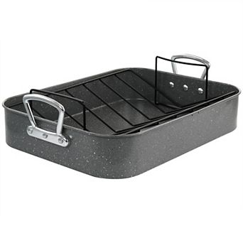 Gibson Greystone 2 pc Carbon Steel 16.25 in Turkey Roaster Set in Speckled Grey