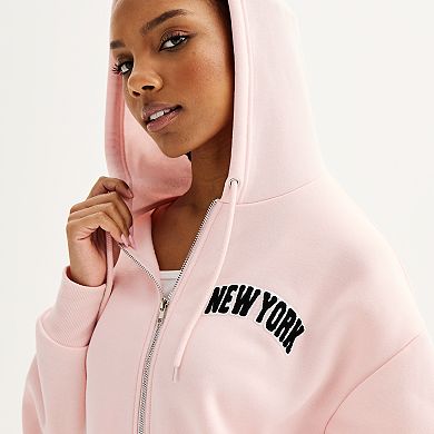 Juniors' Faded Rose "New York 1989" Cropped Zip-Up Graphic Hoodie