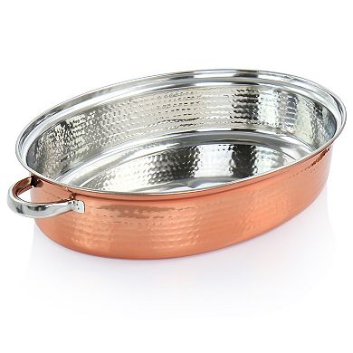 Gibson Home Radiance 17.5 Inch Stainless Steel Copper Plated Oval Roaster with Lid and Roasting Rack