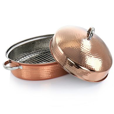 Gibson Home Radiance 17.5 Inch Stainless Steel Copper Plated Oval Roaster with Lid and Roasting Rack