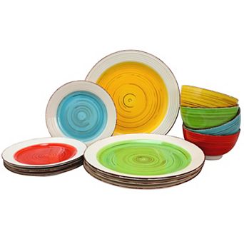 Gibson Home Confetti Band 12 pc Mix and Match Round Ceramic Dinnerware Set in Assorted Colors
