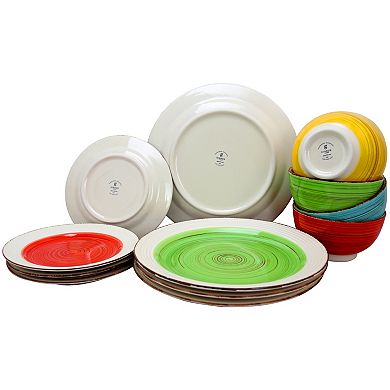 Gibson Home Confetti Band 12 Piece Mix and Match Round Ceramic Dinnerware Set in Assorted Colors
