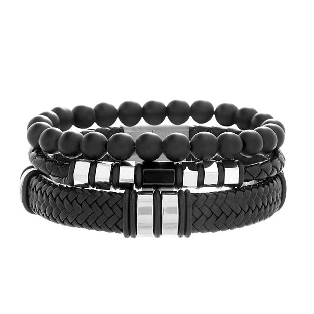 1913 Men's 3 pc. Black Leather & Beads Bracelet Trio Set