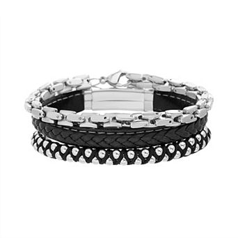 1913 Men's 3 pc Leather & Stainless Steel Bracelet Trio Set