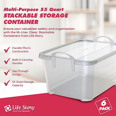 Life Story Clear Stackable Closet & Storage Box 55 Quart Containers, (6 Pack)