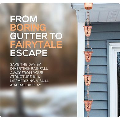 Marrgon 8.5 Ft Copper Rain Chain With Hammered Bell Style Cups For Gutter Downspout Replacement