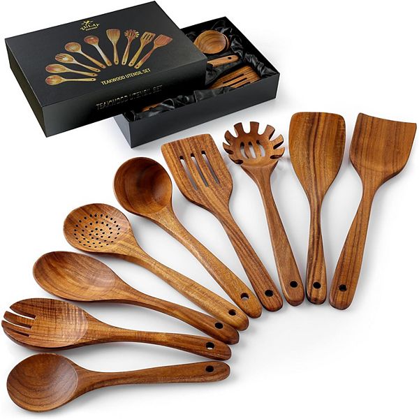 renexas 9 pcs wooden spoons for cooking utensils, natural teak