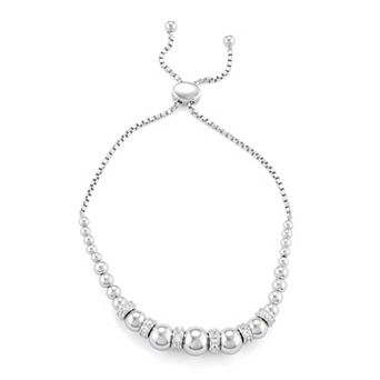 Classic Treasures Sterling Silver Lab-Created White Sapphire Accent Beaded Bolo Bracelet