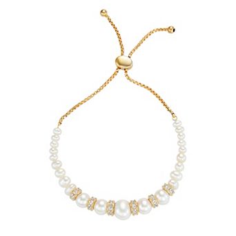 Classic Treasures 18k Gold Over Sterling Silver Freshwater Cultured Pearl & Lab-Created White Sapphire Bolo Bracelet