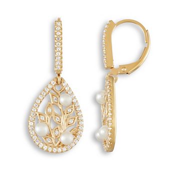 Classic Treasures 18k Gold Over Sterling Silver Freshwater Cultured Pearl & Lab-Created White Sapphire Teardrop Earrings