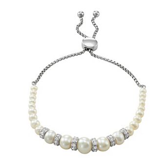 Classic Treasures Sterling Silver Freshwater Cultured Pearl & Lab-Created White Sapphire Bolo Bracelet