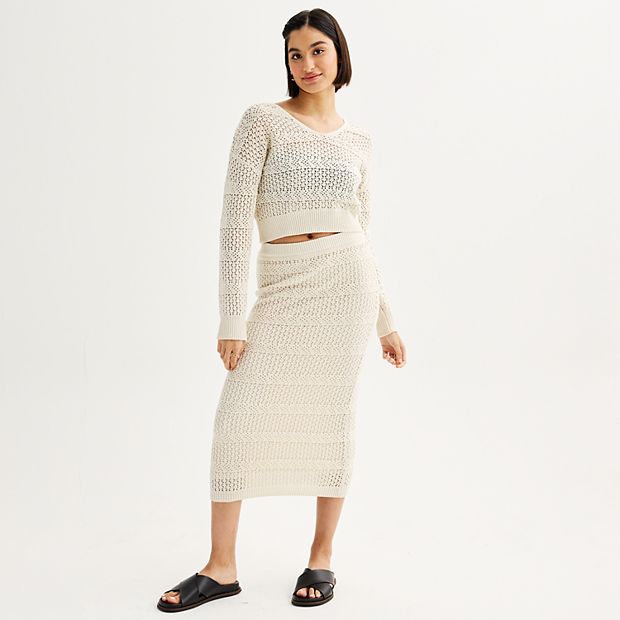 Juniors' Freshman Eyelet Crochet Long Sleeve Top & Maxi Tube Skirt Set