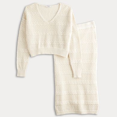 Juniors' Freshman Eyelet Crochet Long Sleeve Top & Maxi Tube Skirt Set