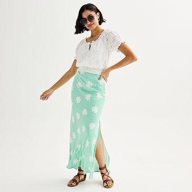 Juniors' SO® Eyelet Detailed Short Sleeve Peasant Top