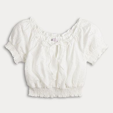 Juniors' SO® Eyelet Detailed Short Sleeve Peasant Top