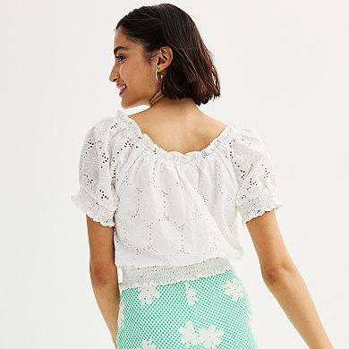 Juniors' SO® Eyelet Detailed Short Sleeve Peasant Top