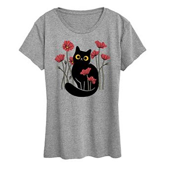 Women's Cat And Poppies Graphic Tee