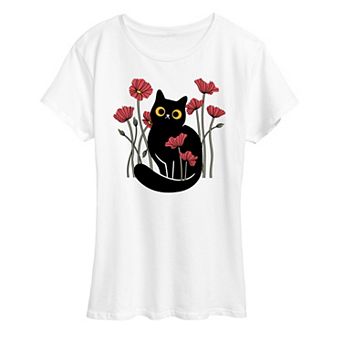 Women's Cat And Poppies Graphic Tee