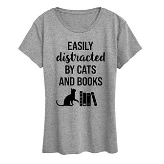 Women's Easily Distracted Cats Books Graphic Tee