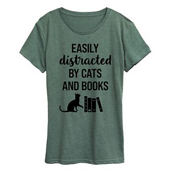 Women's Easily Distracted Cats Books Graphic Tee