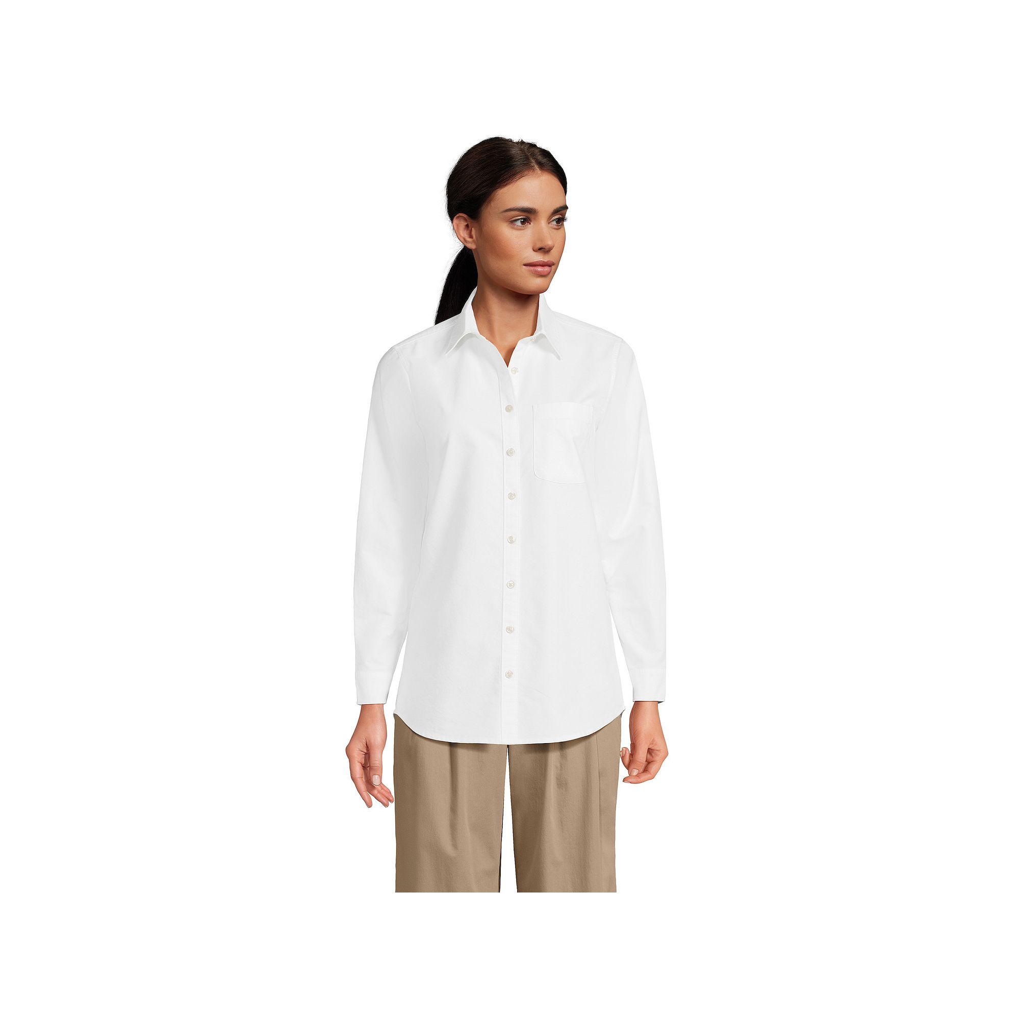 Womens Lands End Long Sleeve Classic Oxford Dress Shirt, Size: XS, White