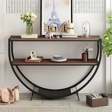 Merax Rustic Industrial Design Demilune Shape Textured Metal Distressed Wood Console Table