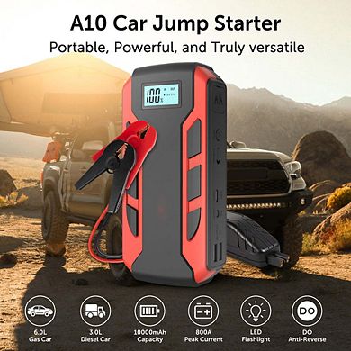 Portable Car Jump Starter: 800A Peak- 10,000mAh 6.0L Gas/3.0L Diesel