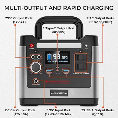 320W Portable Power Station- 298Wh/93120mAh, 8x Outputs: AC/12V DC/USB