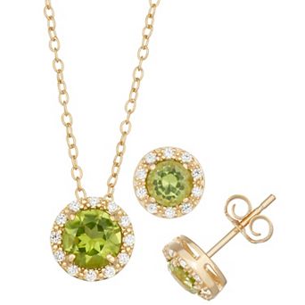 Classic Treasures 18k Gold Over Silver Peridot & Cubic Zirconia Halo Pendant Necklace & Stud Earrings Set
