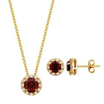 Classic Treasures 18k Gold Over Silver Garnet & Cubic Zirconia Halo Pendant Necklace & Stud Earrings Set