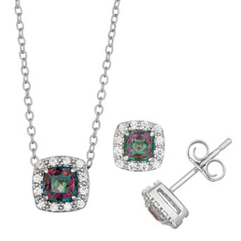 Classic Treasures Sterling Silver Mystic Topaz & Cubic Zirconia Cushion Halo Pendant Necklace & Stud Earrings Set