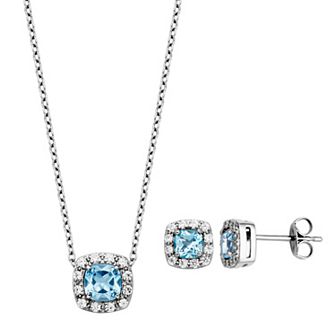 Classic Treasures Sterling Silver Black Topaz & Cubic Zirconia Cushion Halo Pendant Necklace & Stud Earrings Set