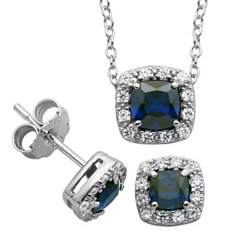 Classic Treasures Sterling Silver Lab-Created Blue Sapphire & Cubic Zirconia Cushion Halo Pendant Necklace & Stud Earrings Set
