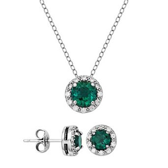 Classic Treasures Sterling Silver Lab-Created Emerald & Cubic Zirconia Halo Pendant Necklace & Stud Earrings Set