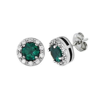 Classic Treasures Sterling Silver Lab-Created Emerald & Cubic Zirconia Halo Pendant Necklace & Stud Earrings Set