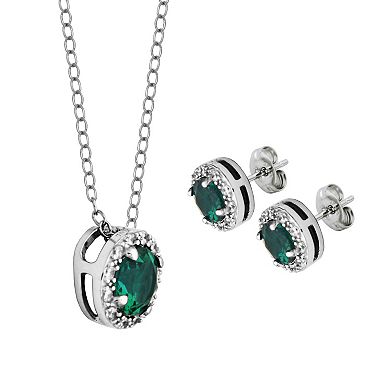 Classic Treasures Sterling Silver Lab-Created Emerald & Cubic Zirconia Halo Pendant Necklace & Stud Earrings Set