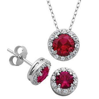 Classic Treasures Sterling Silver Lab-Created Ruby & Cubic Zirconia Halo Pendant & Stud Earrings Set