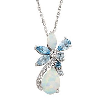 Classic Treasures Sterling Silver Lab-Created Opal & Blue Topaz Cluster Pendant Necklace
