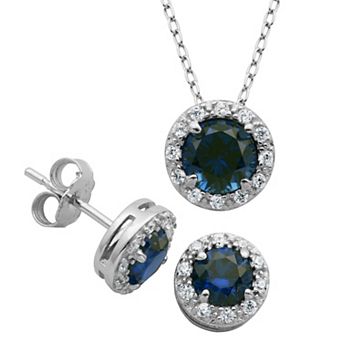 Classic Treasures Sterling Silver Lab-Created Sapphire & Cubic Zirconia Halo Pendant & Stud Earrings Set