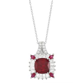Classic Treasures Sterling Silver Lab-Created Ruby and Lab-Created White Sapphire Cushion Pendant Necklace
