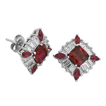 Classic Treasures Sterling Silver Lab-Created Ruby & Lab-Created White Sapphire Cushion Stud Earrings